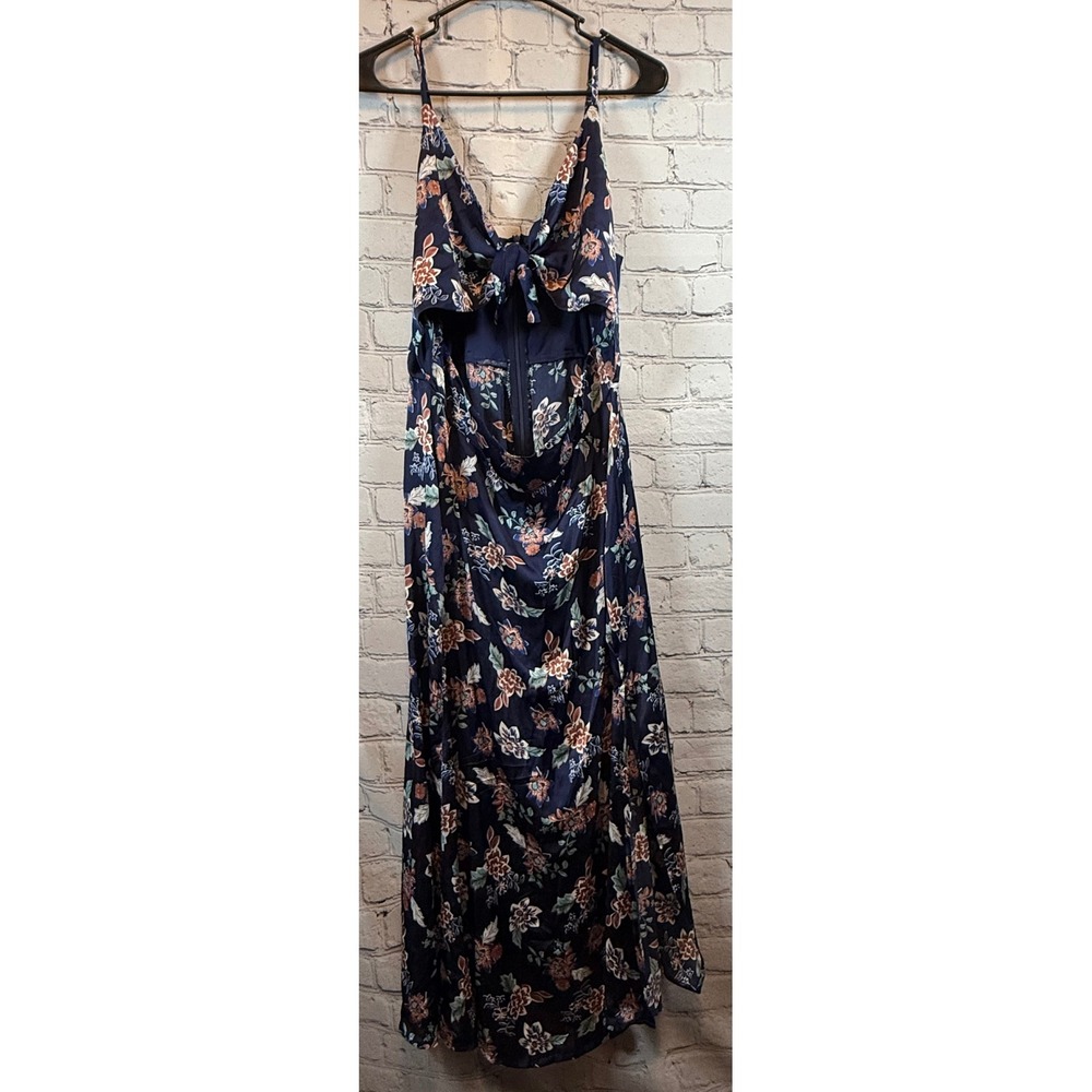 Floral‎ Maxi Dress XL Spaghetti Strap Tie Front Navy Blue Summer Casual